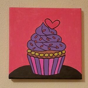 Handpainted Cupcake With Heart Acrylic Painting On Canvas Wall Decor